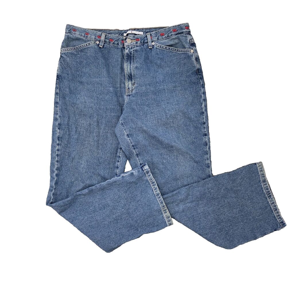Vintage Tommy Hilfiger Women's Straight Leg Jeans Size 16 Medium Wash Red Logo